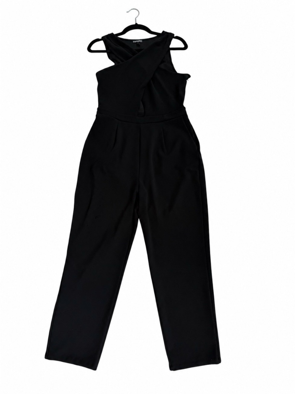 Express - Sleeveless Black Cross-Front Halter Jumpsuit